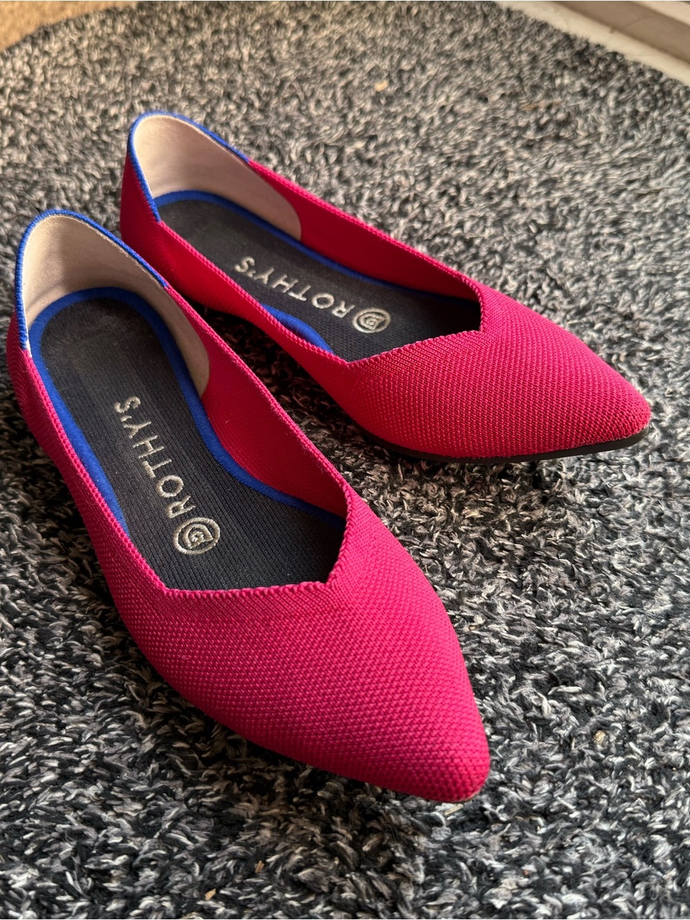 Rothy's Pointed Slip-On Flat in Fuchsia with Blue Trim